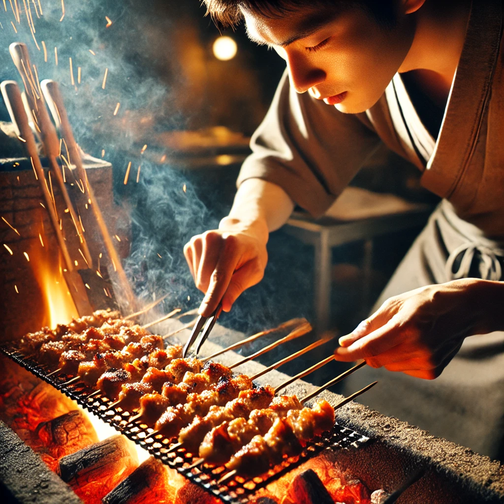 職人が１本づつ炭火で焼き上げる様子