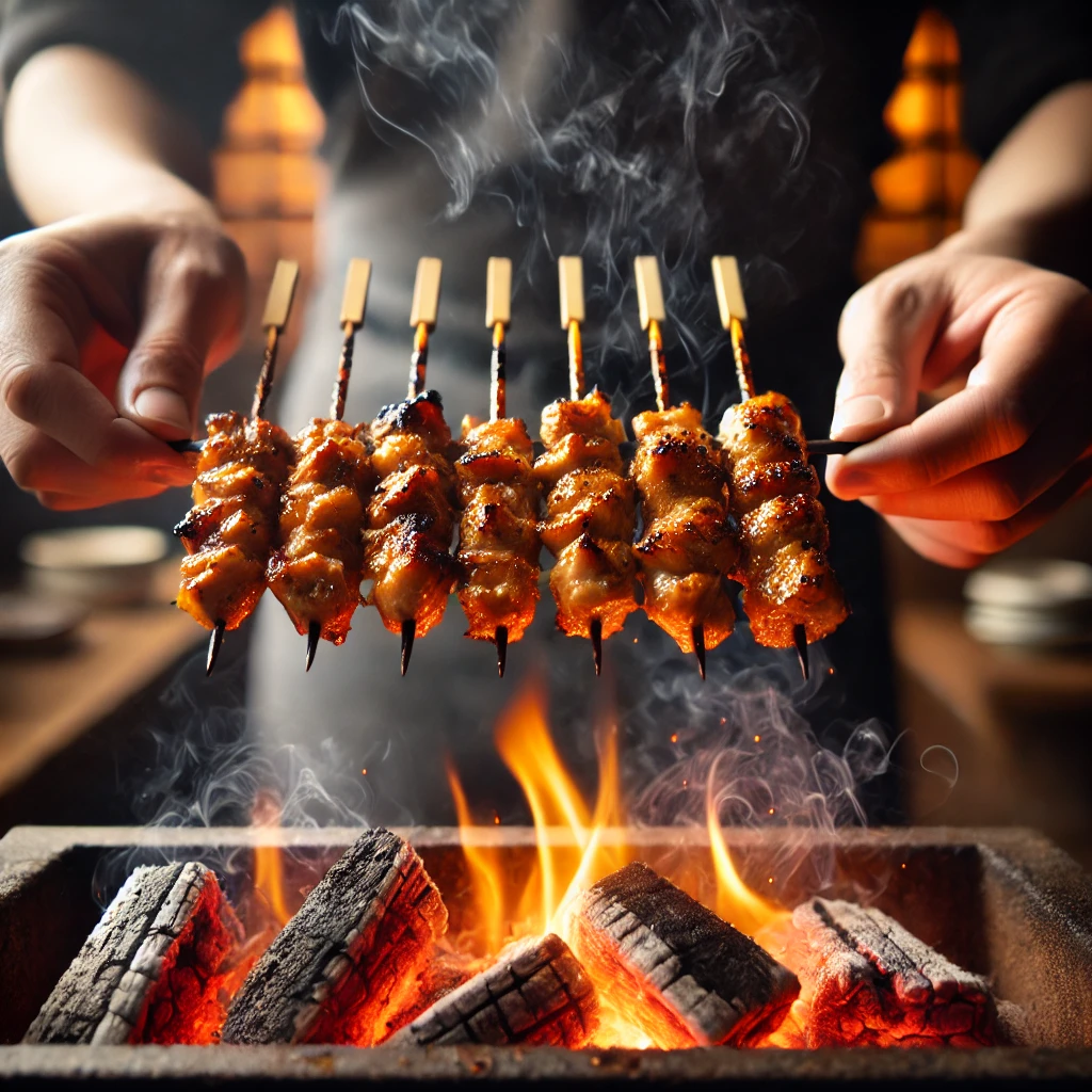 やきとりを炭火で焼く様子